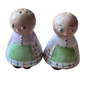 Vintage Mini Ceramic Salt and Pepper Shakers Kewpie Style Green Aprons 1.5”